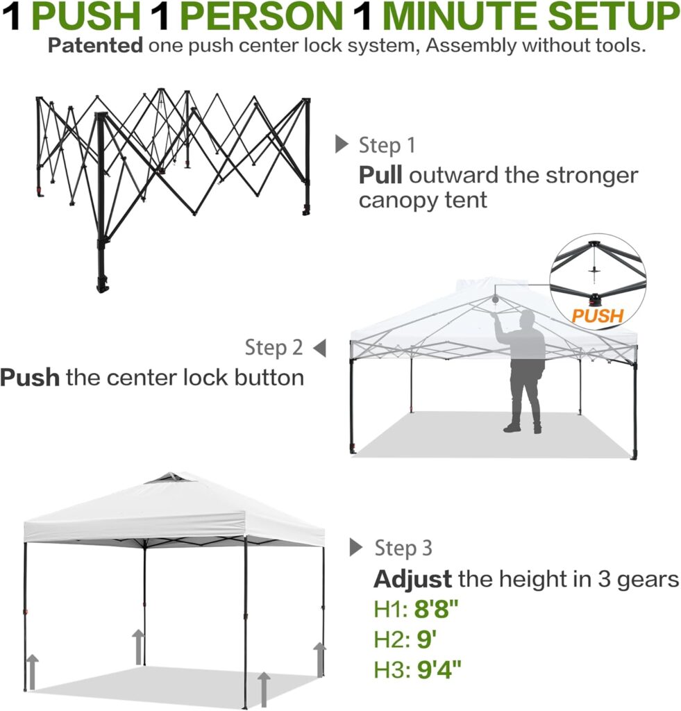 10x10 Pop Up Canopy Tent with Sidewall and 6 Pockets, Patented One Push, Instant Shade Canopy with Vented Roof for Patio Outdoor, Case, 8 Stakes, 4 Ropes, 4 Sandbags (White)