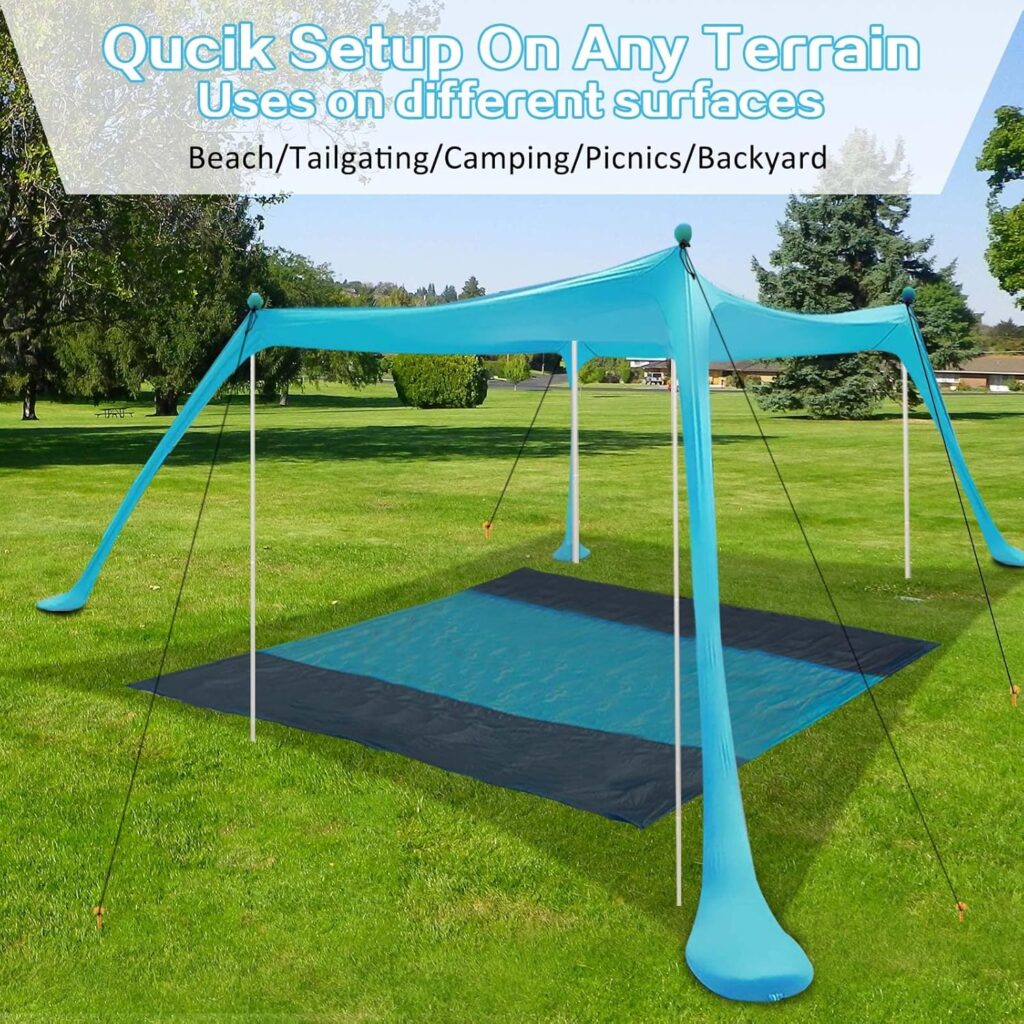 Beach Canopy Beach Tent 11X11 FT Include Beach Blanket Beach Shade Canopy UPF50+ Sun Protection Windproof Ropes 4 Poles Carry Bag Easy to Set Up for Outdoor Camping