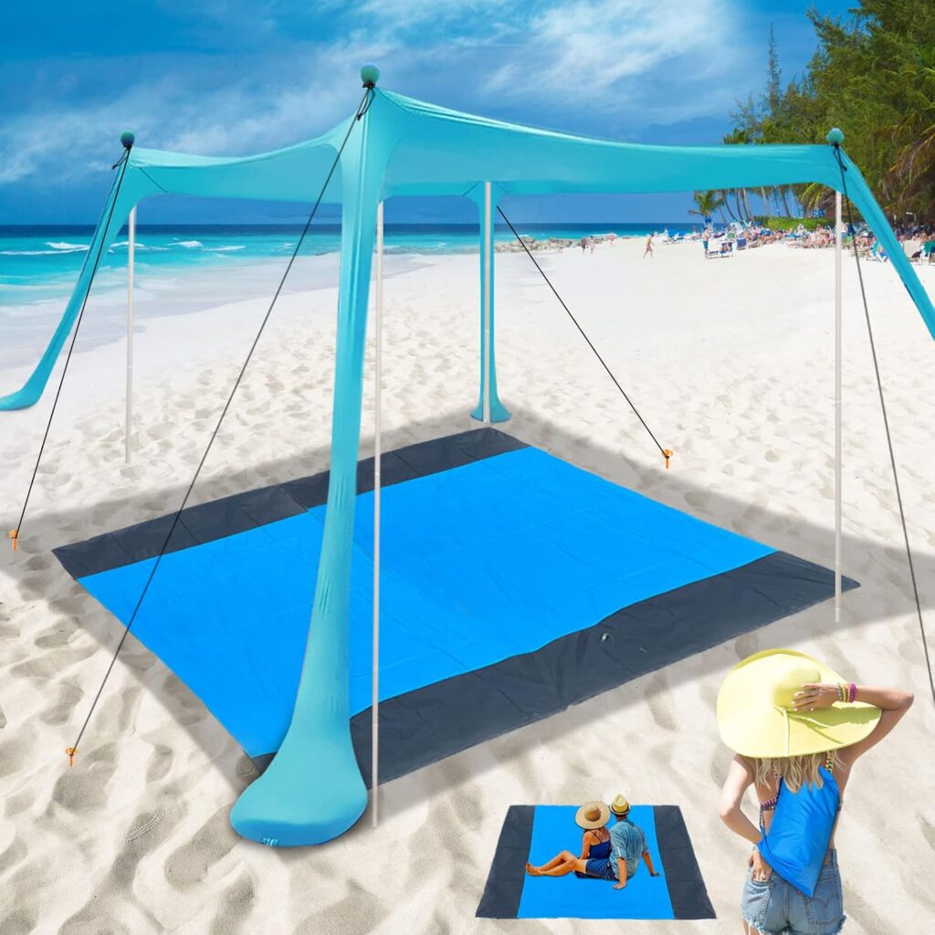 Beach Canopy Beach Tent 11X11 FT Include Beach Blanket Beach Shade Canopy UPF50+ Sun Protection Windproof Ropes 4 Poles Carry Bag Easy to Set Up for Outdoor Camping