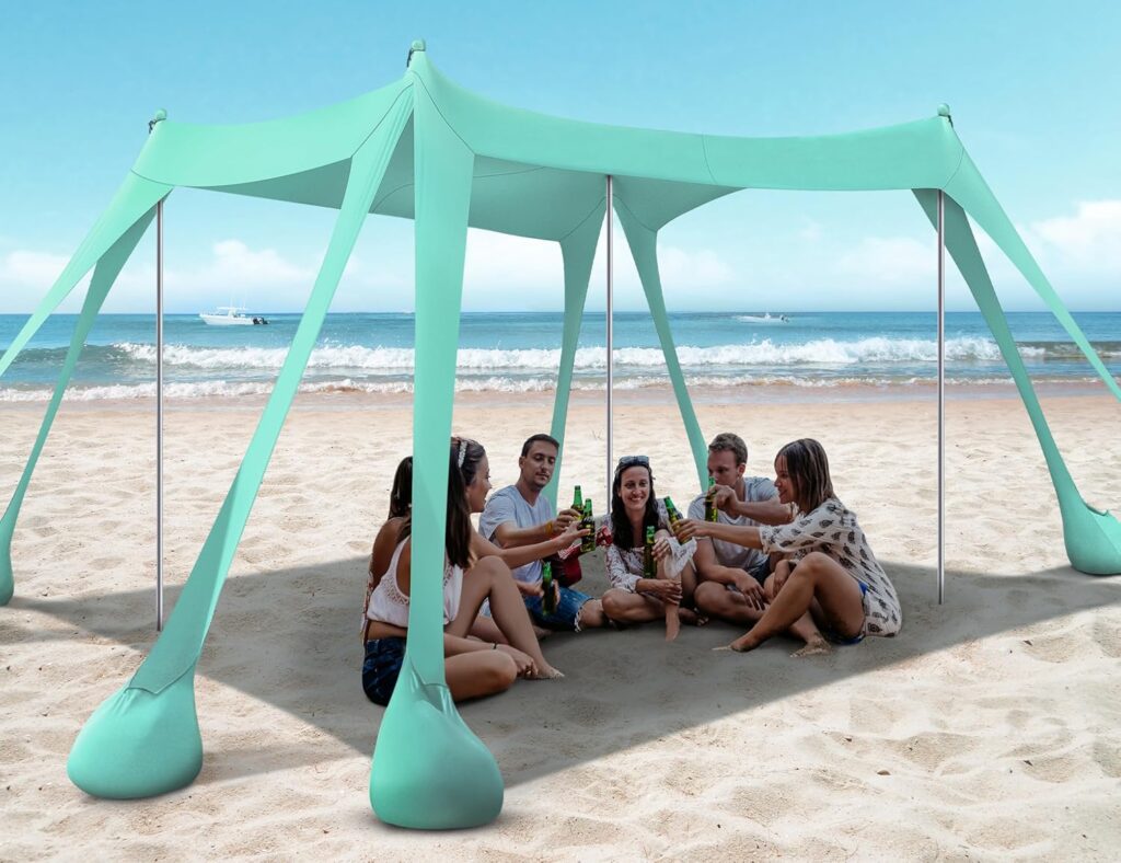 Beach Tent, Beach Canopy UPF50+ UV Protection, 10x10ft Beach Shade Sun Shelter with 8 Sandbags, Sand Shovels, Ground Pegs, Stability Poles for Camping, Fishing, Picnics, Backyard Fun, Sky Blue