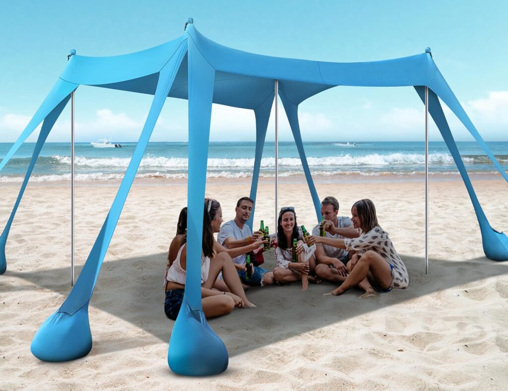 Beach Tent, Beach Canopy UPF50+ UV Protection, 10x10ft Beach Shade Sun Shelter with 8 Sandbags, Sand Shovels, Ground Pegs, Stability Poles for Camping, Fishing, Picnics, Backyard Fun, Sky Blue