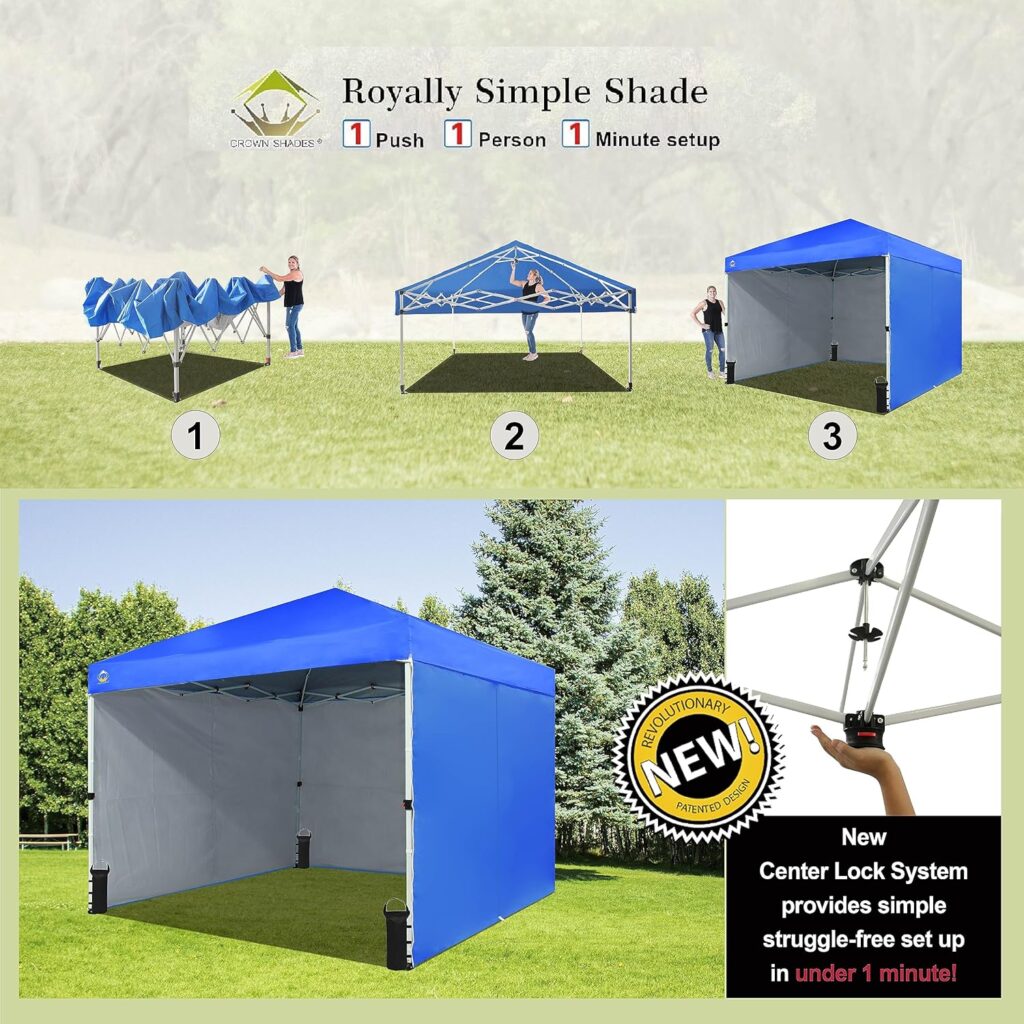 CROWN SHADES 10X10 Comercial Instant Canopy Pop Up Tent with Center Lock (10x10 with 4 Sidewalls, Navy Blue)