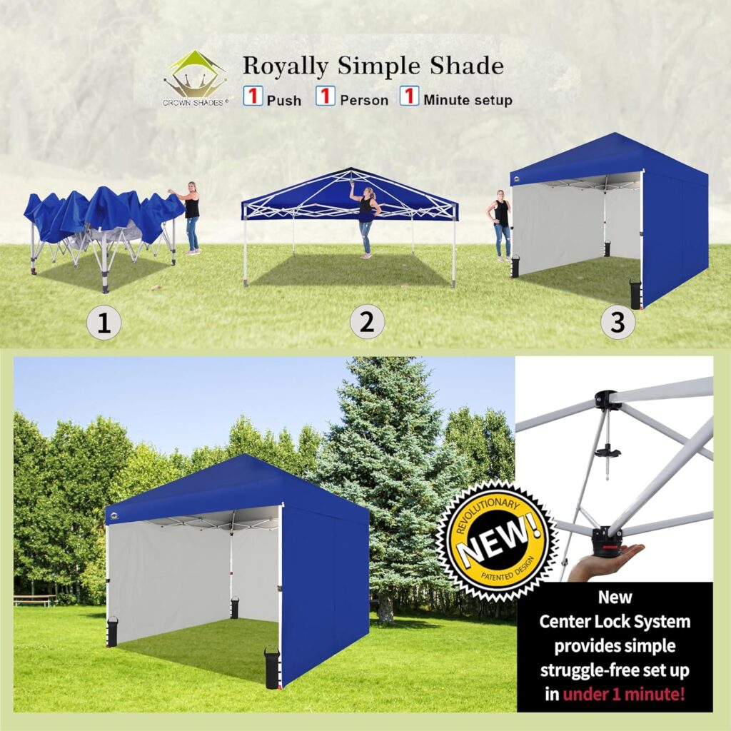 CROWN SHADES 10X10 Comercial Instant Canopy Pop Up Tent with Center Lock (10x10 with 4 Sidewalls, Navy Blue)