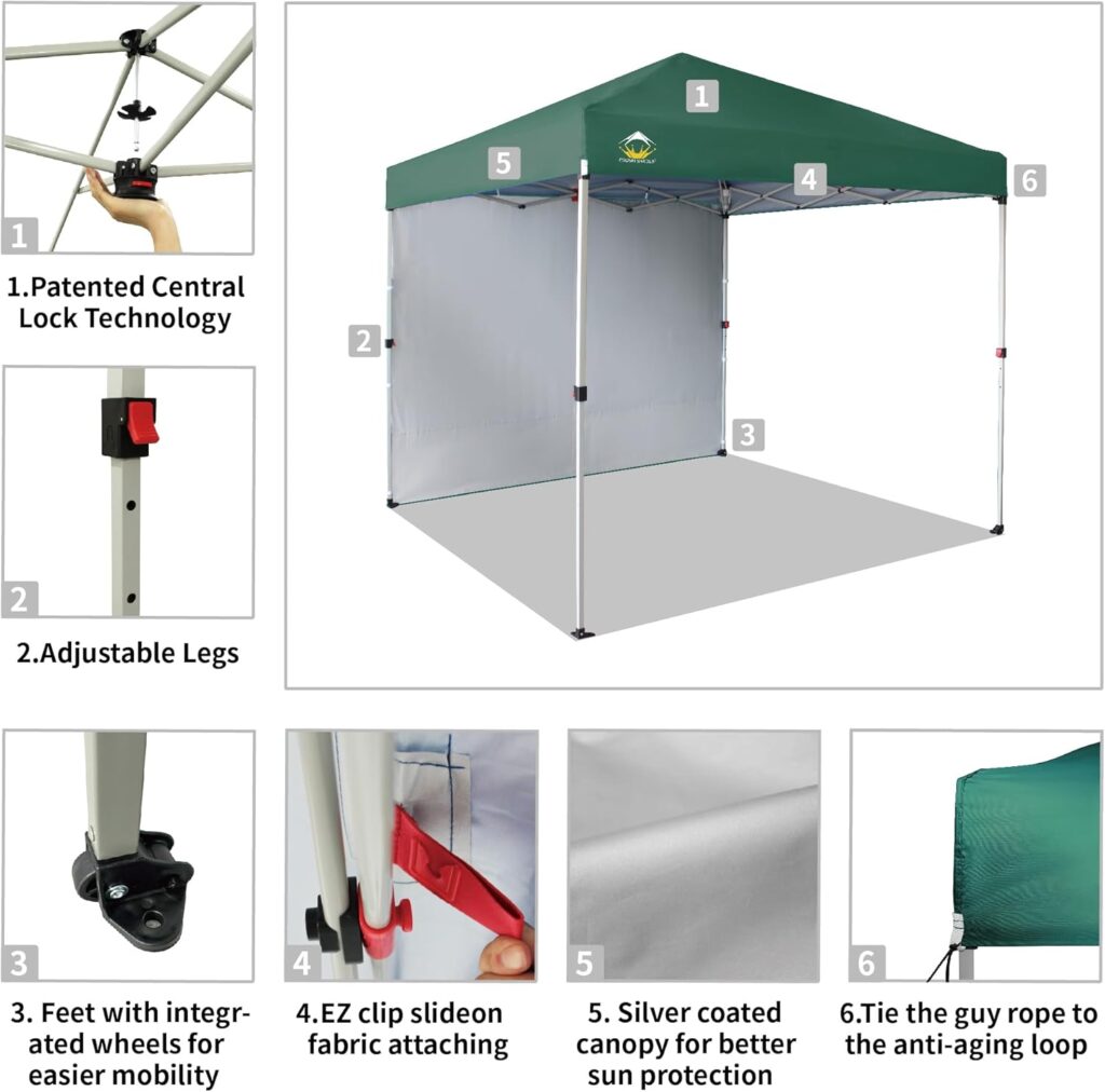 CROWN SHADES 10x10 Pop Up Canopy with 1 Side Wall - Beach Tent with One Push Setup - Outdoor Sun Shade for Events, Parties, Camping - Gazebo with STO-N-Go Cover Bag (Red)