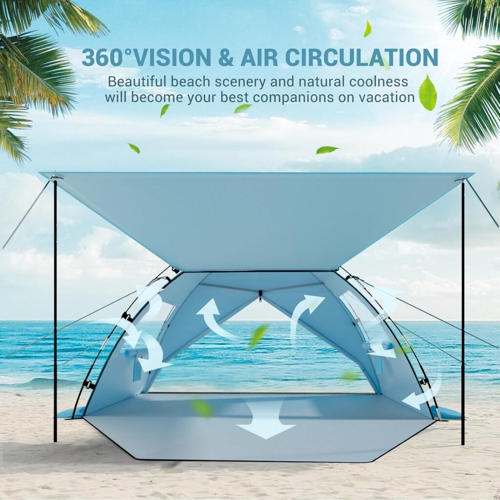 Elegear Beach Tent Sun Shelter with Canopy, 4-5 Person Pop Up Beach Tent, Easy Setup UPF 50+ UV Protection Portable Lightweight Double Silver Coating Beach Cabana Sun Shade Shelter - Sky Blue