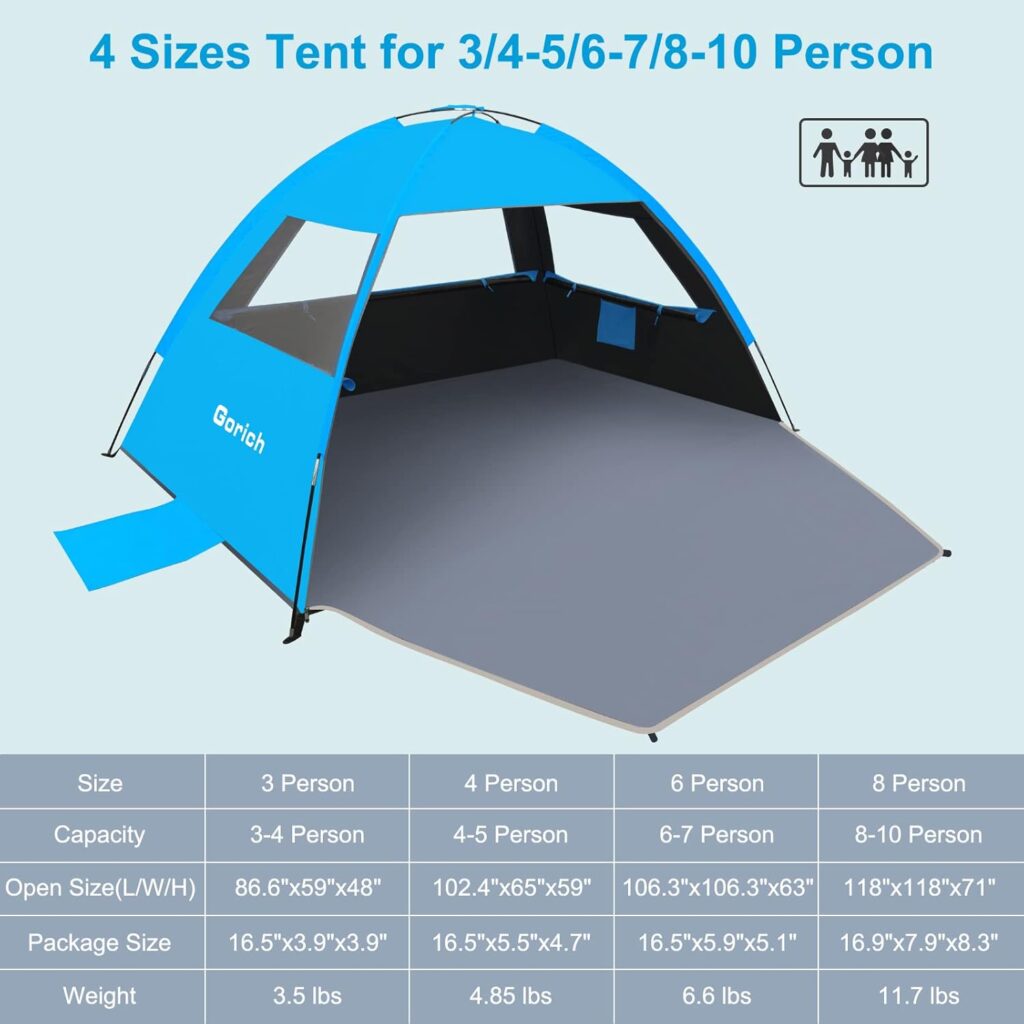 Gorich Beach Tent Sun Shelter for 3/4-5/6-7/8-10 Person with UPF 50＋ UV Protection, Lightweight Easy Setup Beach Shade Canopy, Portable Beach Shade Tent Beach Cabana