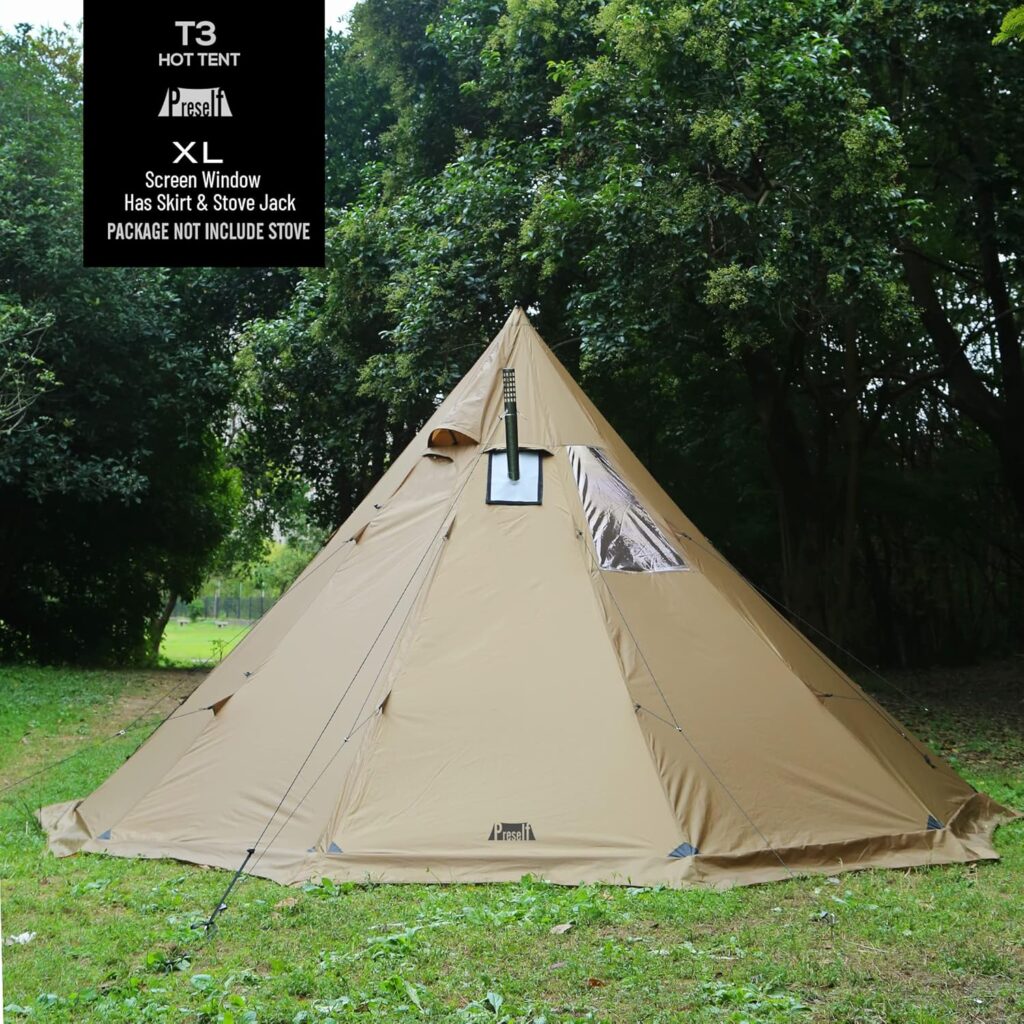 Preself 4~6 Person Tipi Hot Tent T3 XL with Screen Window, Height 8 6 2.6m, Diameter 15 4.6m, for Wood Buring Stove Bushcraft Family Camping Hunting Fishing