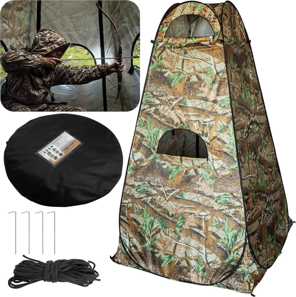 RunNico Hunting Blind Tent, 75x47x47 Higher 1-Person Ground Blind Tent with Around Zipper Windows, Portable Hunter Camouflage Tent for Outdoor Ground Deer Hunting